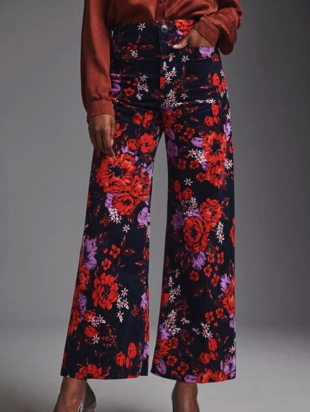 Maeve by Anthropologie Colette Crop Wide-Leg Floral Red Velvet Pants - Size - 29 - Picture 2 of 11